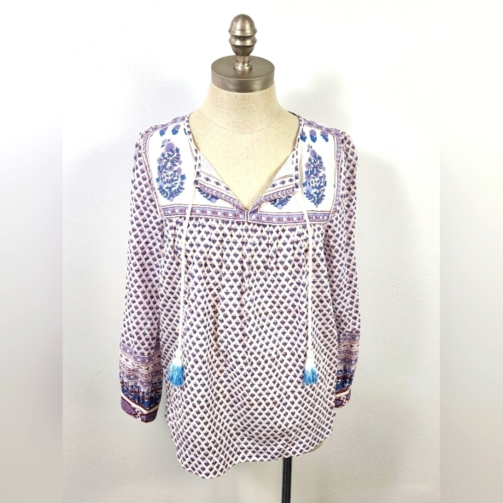 J.Crew Block Print Tassel Tie Peasant Blouse Size 2